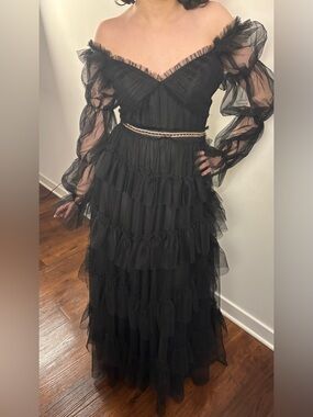 Black Off-Shoulder Tiered Tulle Evening Dress